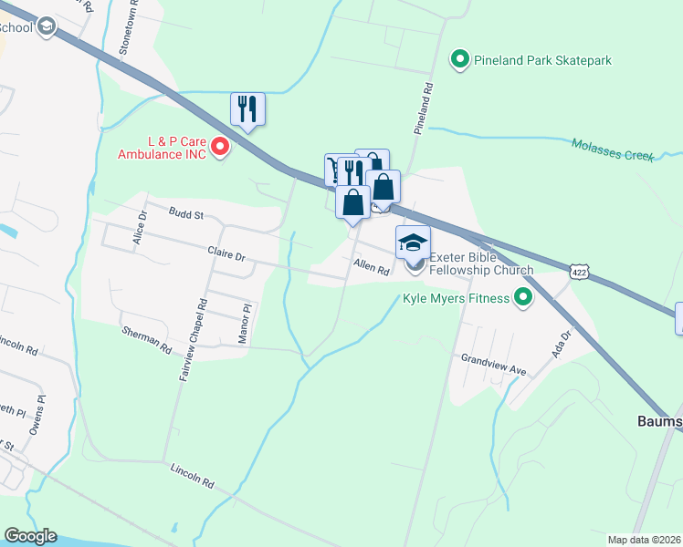 map of restaurants, bars, coffee shops, grocery stores, and more near 1105 Claire Drive in Birdsboro