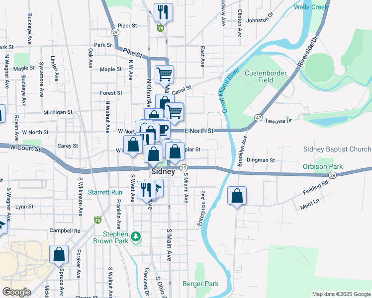 map of restaurants, bars, coffee shops, grocery stores, and more near North Miami Avenue in Sidney