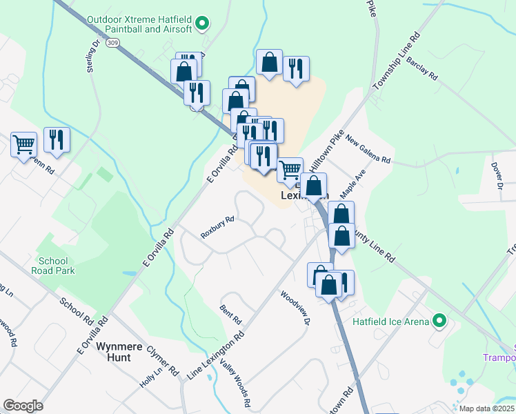 map of restaurants, bars, coffee shops, grocery stores, and more near 1276 Needham Circle in Hatfield
