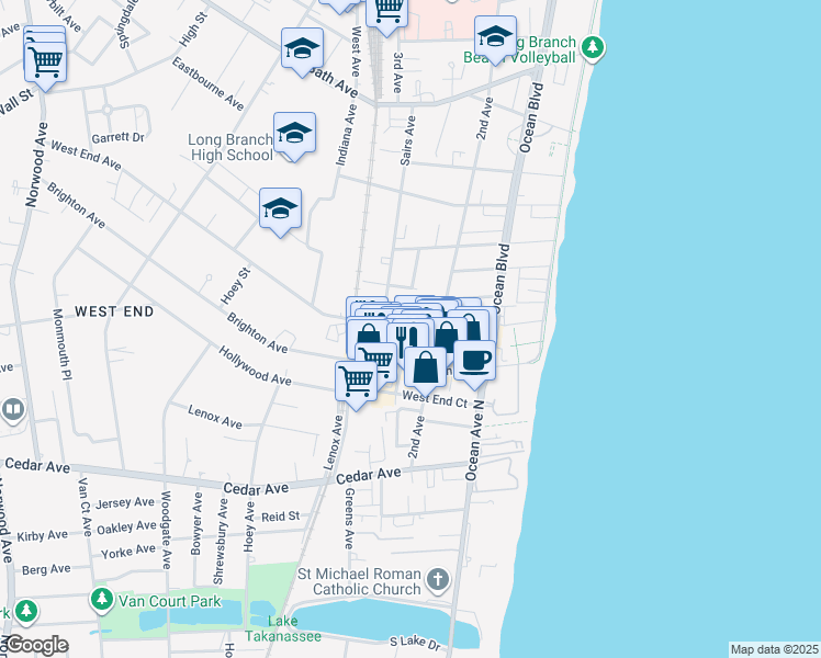 map of restaurants, bars, coffee shops, grocery stores, and more near 540 Broadway in Long Branch