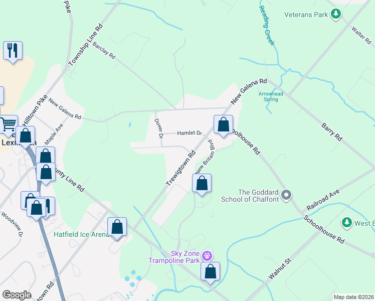 map of restaurants, bars, coffee shops, grocery stores, and more near 214 Village Way in Chalfont