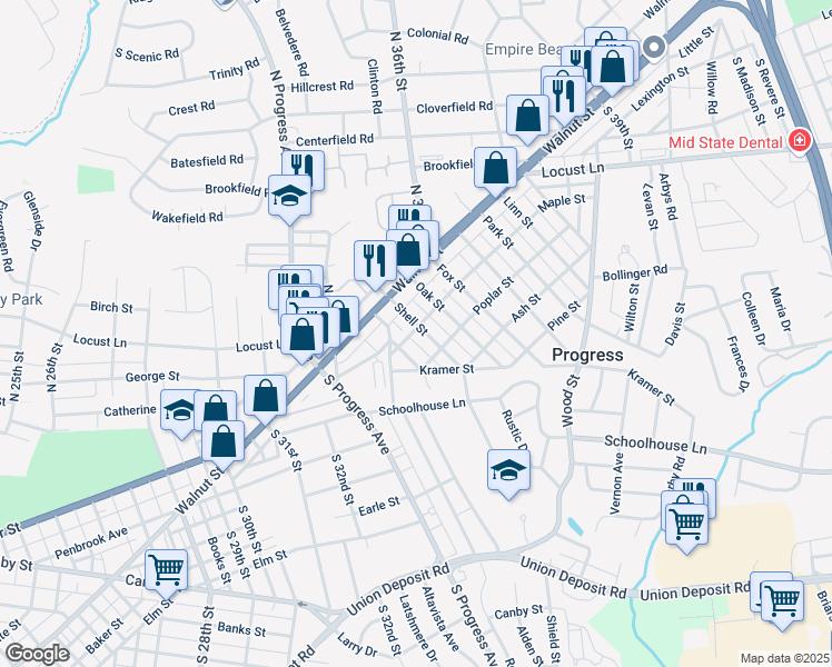 map of restaurants, bars, coffee shops, grocery stores, and more near 109 Shell Street in Harrisburg