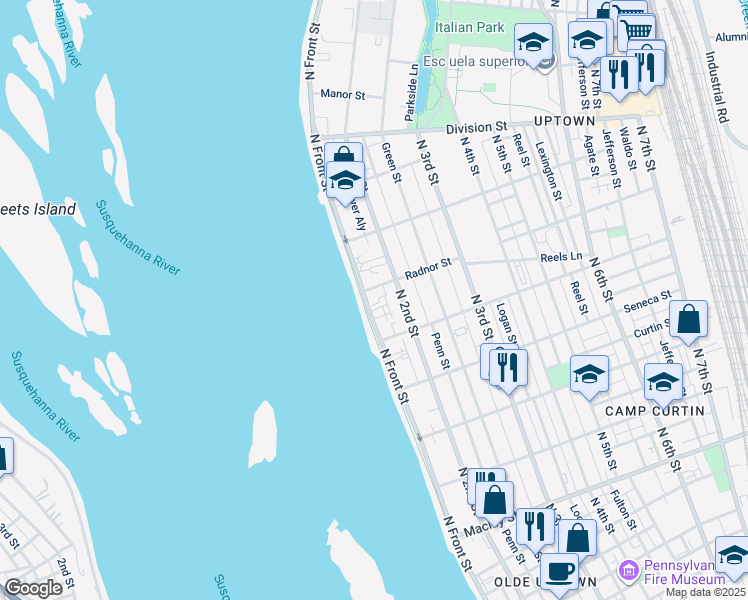map of restaurants, bars, coffee shops, grocery stores, and more near 2515 North Front Street in Harrisburg
