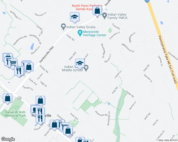 map of restaurants, bars, coffee shops, grocery stores, and more near 130 Maple Avenue in Harleysville