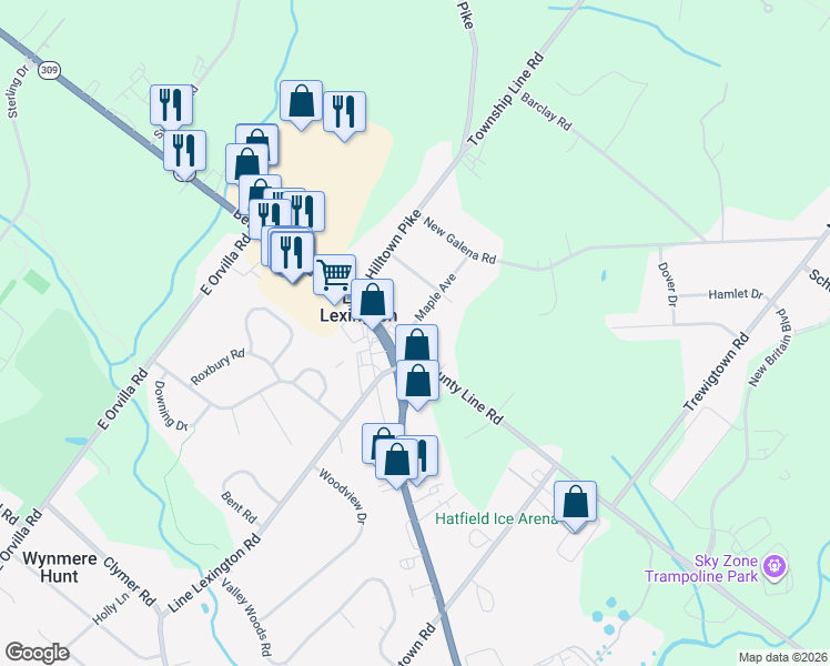 map of restaurants, bars, coffee shops, grocery stores, and more near 1 Maple Avenue in Line Lexington