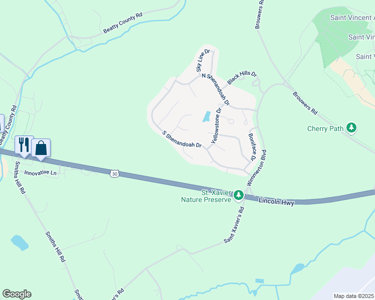 map of restaurants, bars, coffee shops, grocery stores, and more near 105 Carlsbad Court in Latrobe