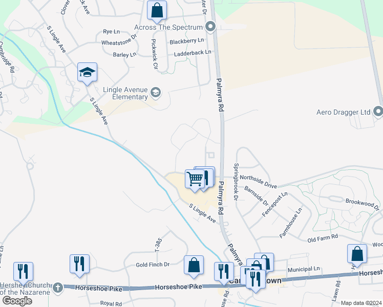 map of restaurants, bars, coffee shops, grocery stores, and more near 179 Stonebrook Drive in Palmyra