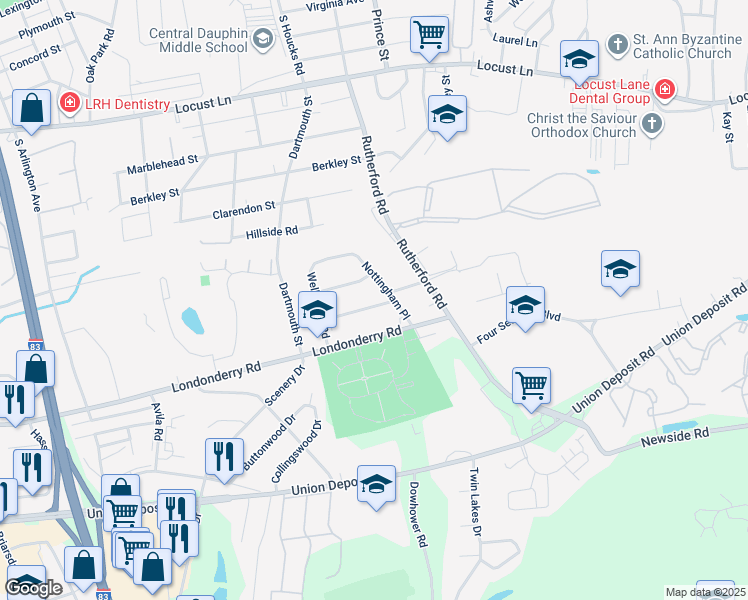 map of restaurants, bars, coffee shops, grocery stores, and more near 4844 Peterborough Road in Harrisburg
