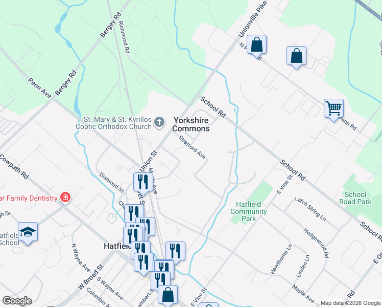 map of restaurants, bars, coffee shops, grocery stores, and more near 2272 Stratford Avenue in Hatfield