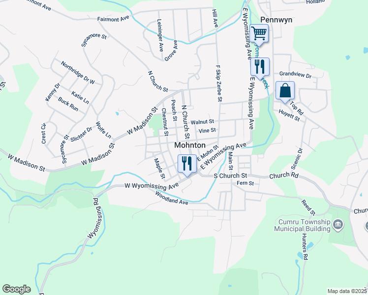 map of restaurants, bars, coffee shops, grocery stores, and more near 60 North Church Street in Mohnton