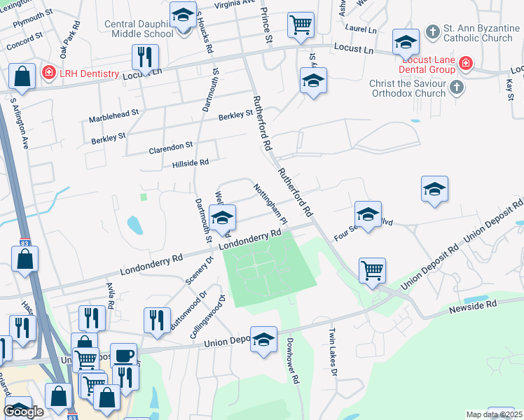 map of restaurants, bars, coffee shops, grocery stores, and more near 4844 Peterborough Road in Harrisburg