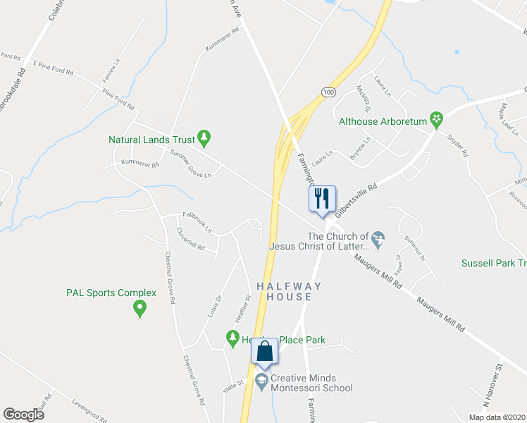 map of restaurants, bars, coffee shops, grocery stores, and more near 1034 Fallbrook Lane in Pottstown