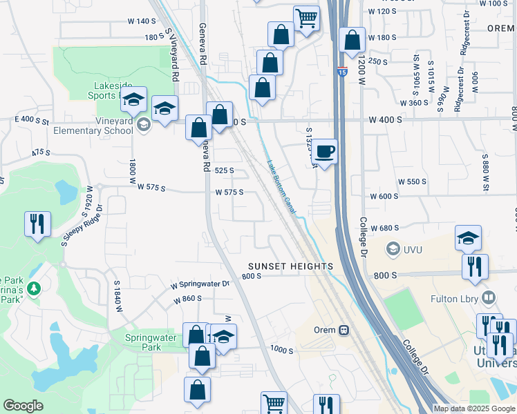 map of restaurants, bars, coffee shops, grocery stores, and more near 614 South 1470 West in Orem