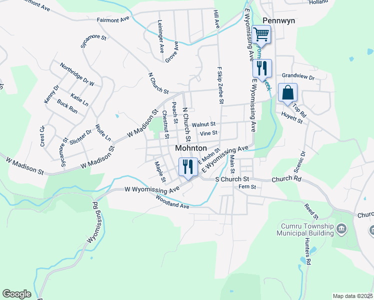 map of restaurants, bars, coffee shops, grocery stores, and more near 60 North Church Street in Mohnton