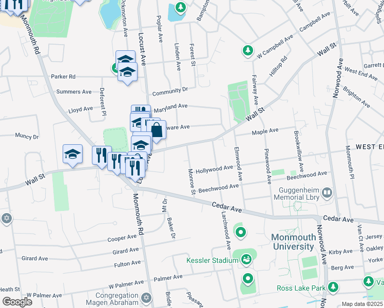 map of restaurants, bars, coffee shops, grocery stores, and more near 11 Monroe Street in West Long Branch
