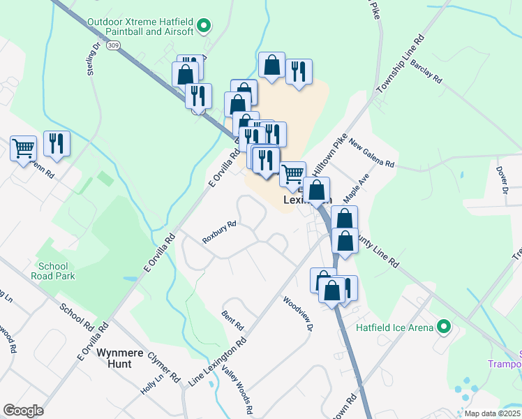 map of restaurants, bars, coffee shops, grocery stores, and more near 1276 Needham Circle in Hatfield