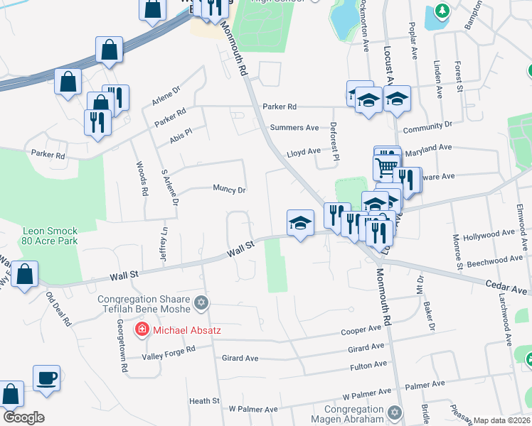 map of restaurants, bars, coffee shops, grocery stores, and more near 3 Nolan Drive in West Long Branch