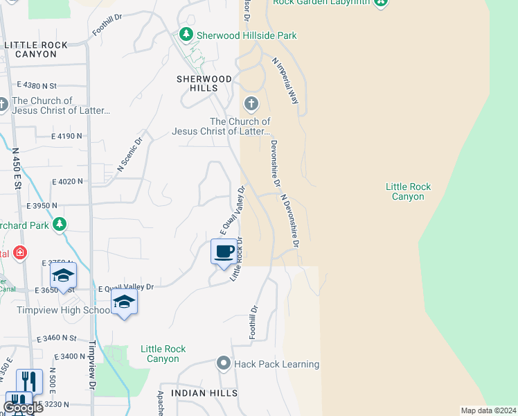 map of restaurants, bars, coffee shops, grocery stores, and more near 3757 North Pebble Lane in Provo