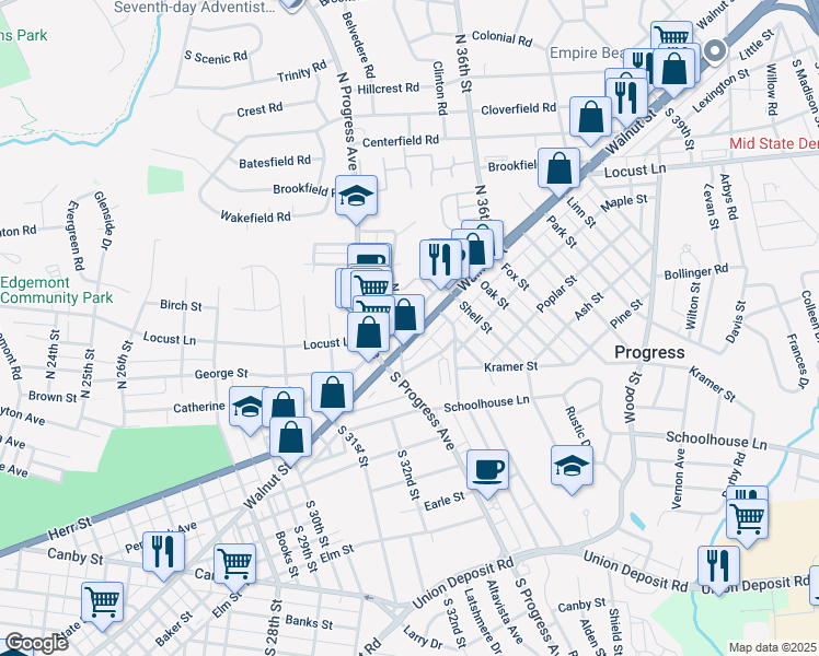 map of restaurants, bars, coffee shops, grocery stores, and more near 3411 U.S. 22 in Harrisburg
