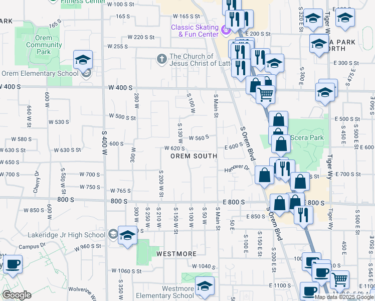 map of restaurants, bars, coffee shops, grocery stores, and more near 101 West 620 South in Orem