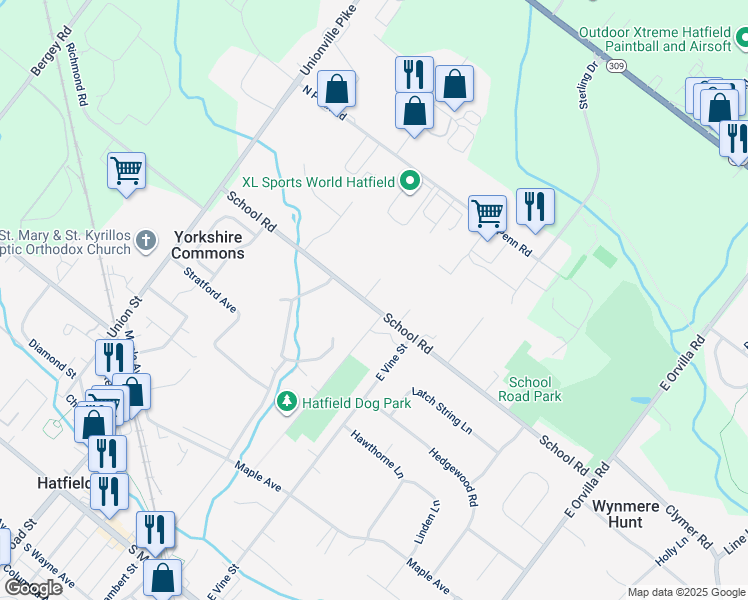 map of restaurants, bars, coffee shops, grocery stores, and more near 2009 School Road in Hatfield