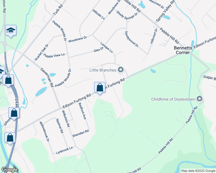 map of restaurants, bars, coffee shops, grocery stores, and more near Edison Furlong Road in Doylestown
