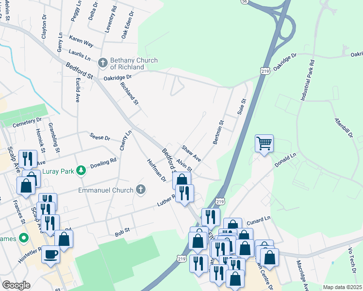 map of restaurants, bars, coffee shops, grocery stores, and more near 201 Rean Street in Johnstown