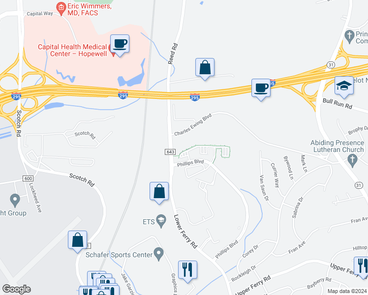 map of restaurants, bars, coffee shops, grocery stores, and more near 127 Timberlake Drive in Ewing Township
