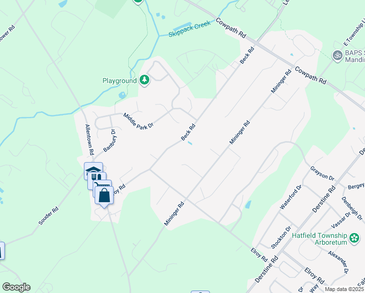 map of restaurants, bars, coffee shops, grocery stores, and more near 556 Beck Road in Souderton