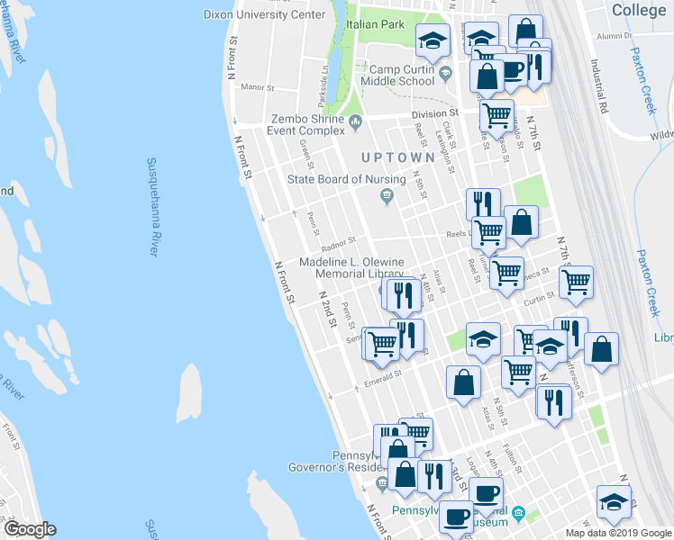 map of restaurants, bars, coffee shops, grocery stores, and more near 2500 Green Street in Harrisburg