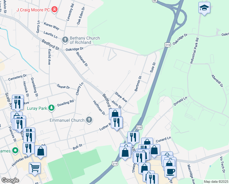 map of restaurants, bars, coffee shops, grocery stores, and more near 199 Rean St in Johnstown