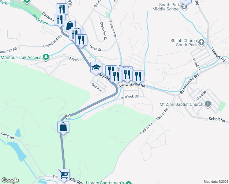 map of restaurants, bars, coffee shops, grocery stores, and more near 6603 Library Road in South Park Township
