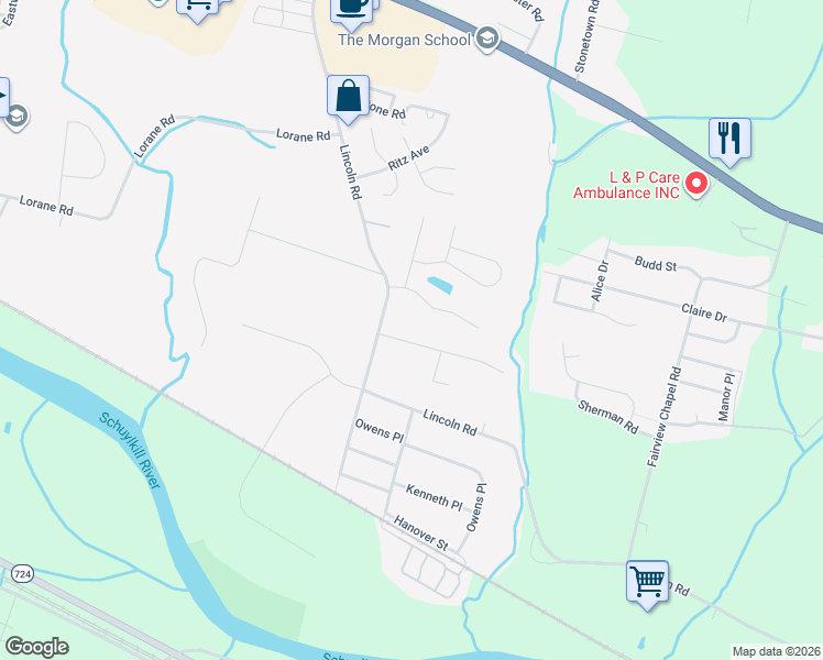 map of restaurants, bars, coffee shops, grocery stores, and more near 41 Ogden Drive in Birdsboro