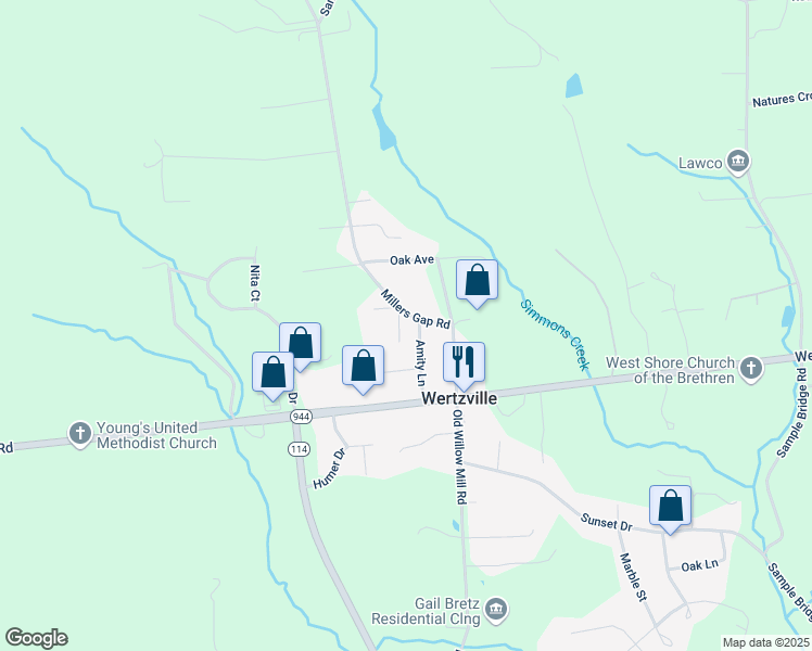 map of restaurants, bars, coffee shops, grocery stores, and more near 13 Amity Lane in Mechanicsburg