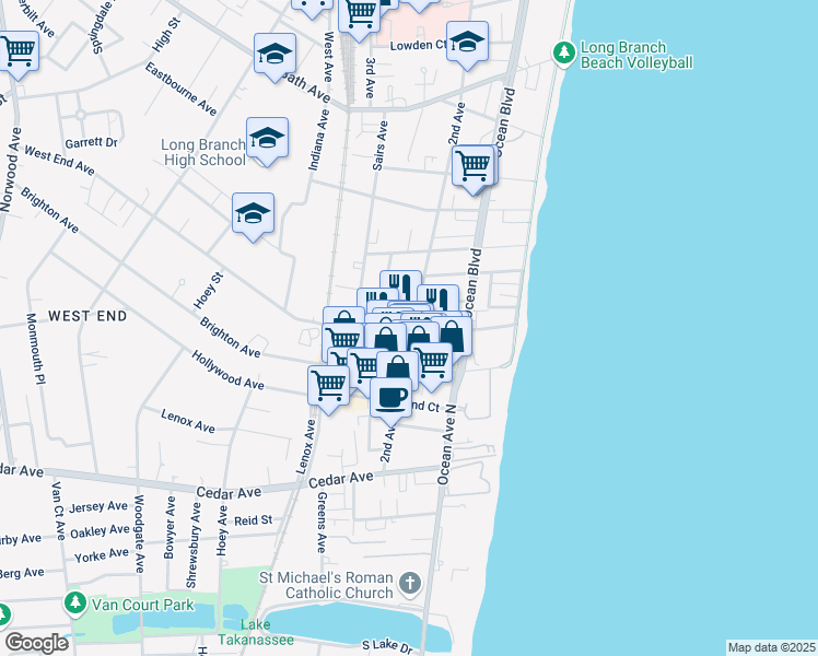 map of restaurants, bars, coffee shops, grocery stores, and more near 72 West End Avenue in Long Branch