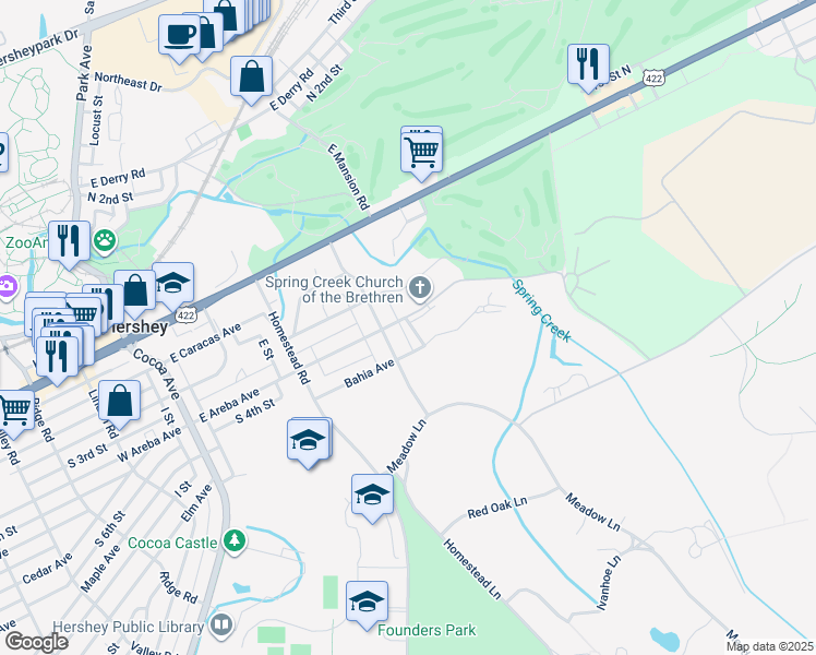 map of restaurants, bars, coffee shops, grocery stores, and more near 324 East Areba Avenue in Hershey