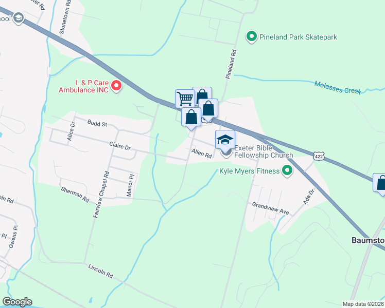map of restaurants, bars, coffee shops, grocery stores, and more near 1105 Claire Drive in Birdsboro