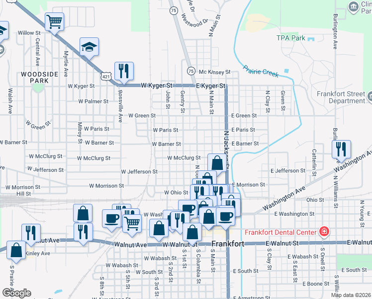 map of restaurants, bars, coffee shops, grocery stores, and more near 252 West Mc Clurg Street in Frankfort