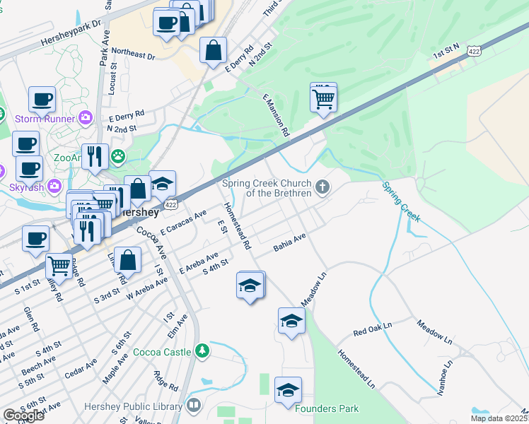 map of restaurants, bars, coffee shops, grocery stores, and more near 248 East Granada Avenue in Hershey