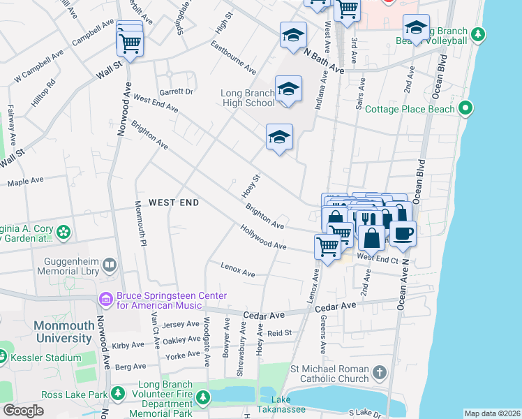 map of restaurants, bars, coffee shops, grocery stores, and more near 264 Brighton Avenue in Long Branch