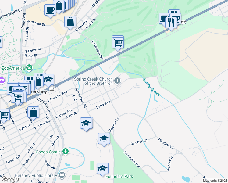 map of restaurants, bars, coffee shops, grocery stores, and more near 324 East Areba Avenue in Hershey