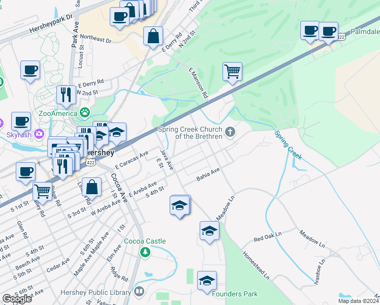 map of restaurants, bars, coffee shops, grocery stores, and more near 248 East Granada Avenue in Hershey