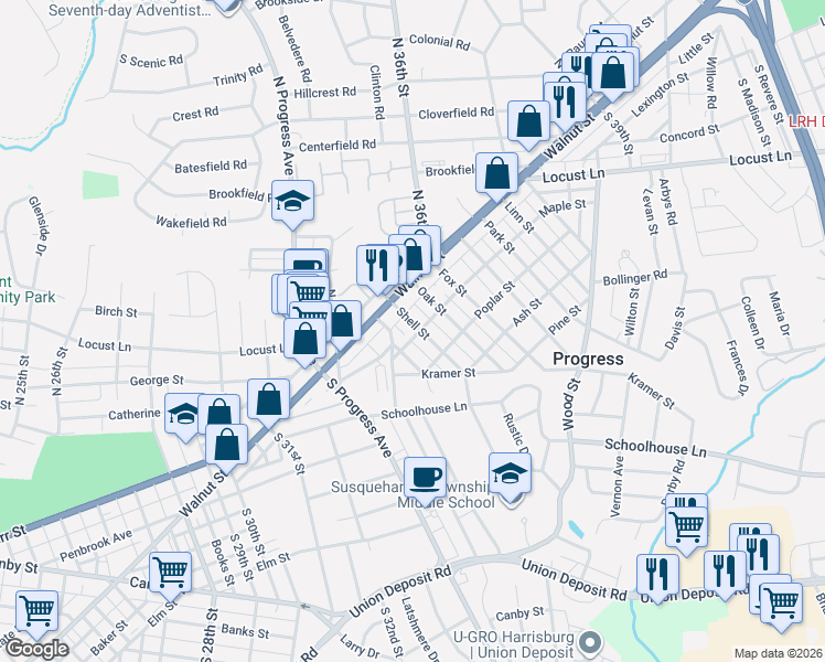 map of restaurants, bars, coffee shops, grocery stores, and more near 109 Shell Street in Harrisburg