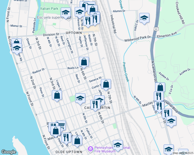map of restaurants, bars, coffee shops, grocery stores, and more near 625 Seneca Street in Harrisburg