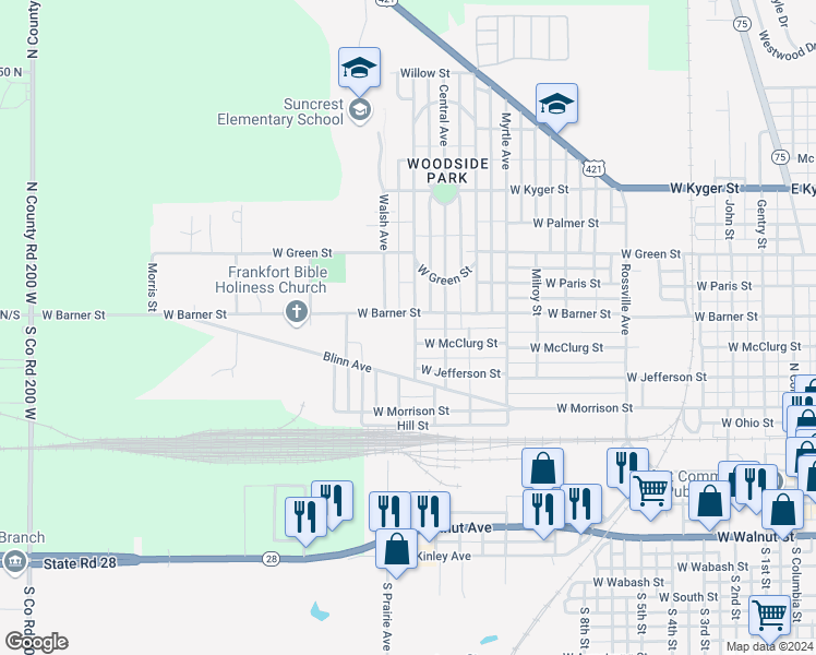 map of restaurants, bars, coffee shops, grocery stores, and more near 600 Hawthorne Ave in Frankfort