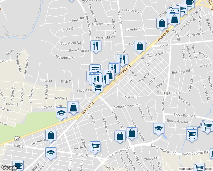 map of restaurants, bars, coffee shops, grocery stores, and more near 3414 Walnut Street in Harrisburg