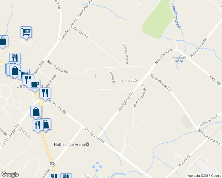 map of restaurants, bars, coffee shops, grocery stores, and more near 378 Village Way in Chalfont
