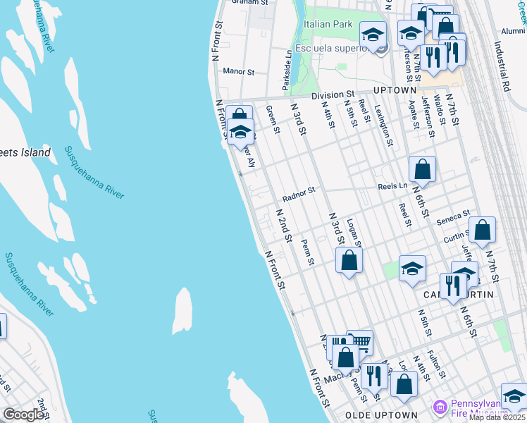 map of restaurants, bars, coffee shops, grocery stores, and more near 2515 North Front Street in Harrisburg
