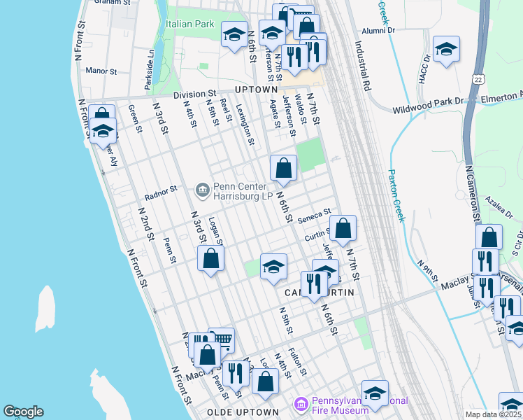 map of restaurants, bars, coffee shops, grocery stores, and more near 2446 Reel Street in Harrisburg