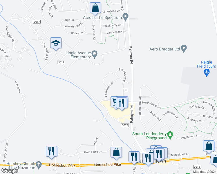 map of restaurants, bars, coffee shops, grocery stores, and more near Farmshed Road in Palmyra